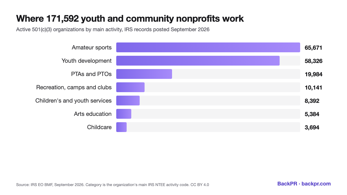 Bar chart of 171,592 youth and community nonprofits by main activity: amateur sports 65,671, youth development 58,326, PTAs and PTOs 19,984, recreation, camps and clubs 10,141, children's and youth services 8,392, arts education 5,384 and childcare 3,694. Source: IRS records, September 2026.